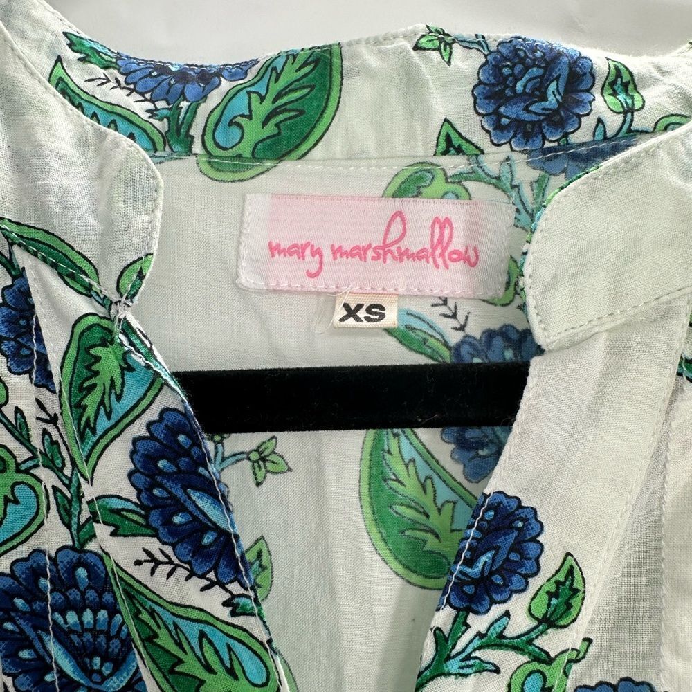 Mary Marshmallow Tunic Dress Green Blue Floral Button Down 100% Cotton Size XS - Picture 4 of 5